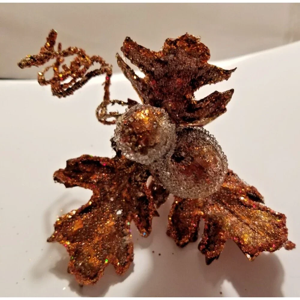 Fall Leaves & Acorn Napkin Ring Holders Set of 6 Sparkle Copper Color